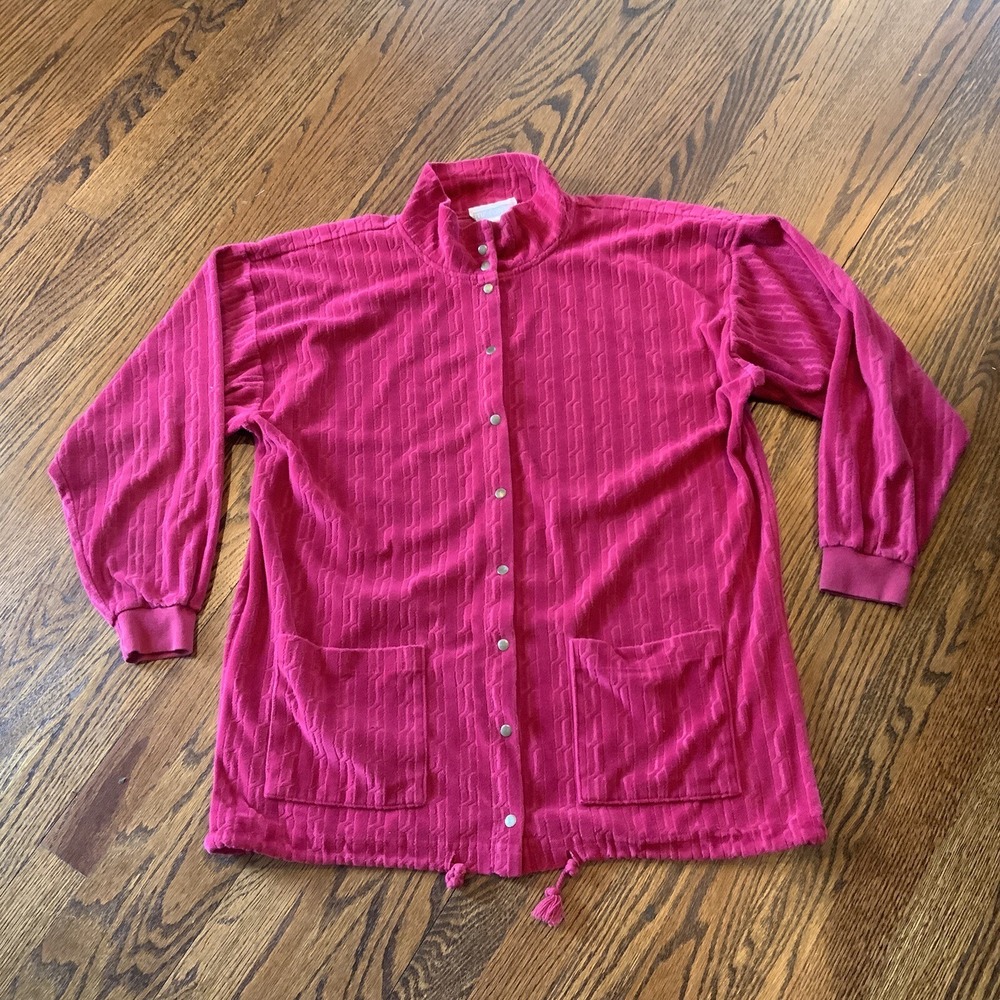 Vintage 60s 70s Swimsuit Cover Up Terry Towel Pink Robe Short Snap Front Pockets